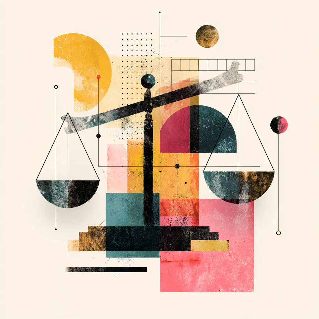 AI and Legal Trust Abstract balance scale with geometric forms representing AI-mediated legal trust and attorney authority